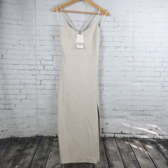 ZARA LIGHT GREY FAUX LEATHER SPAGHETTI STRAP MIDI DRESS SIZE MEDIUM NWT - Picture 8 of 13